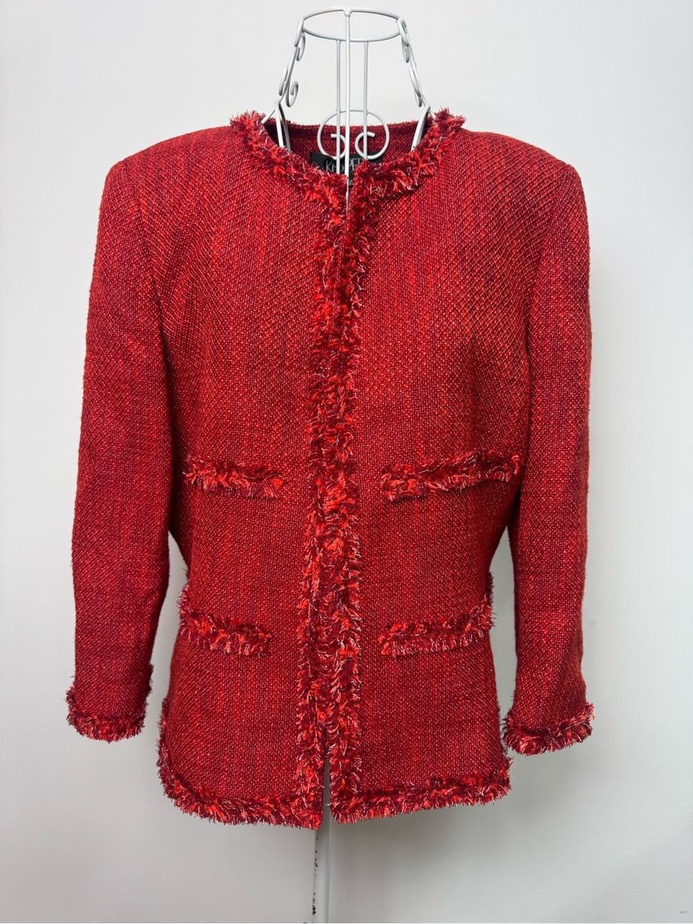 Kasper Orange Red Tweed Blazer Fringe Trim, Size 12